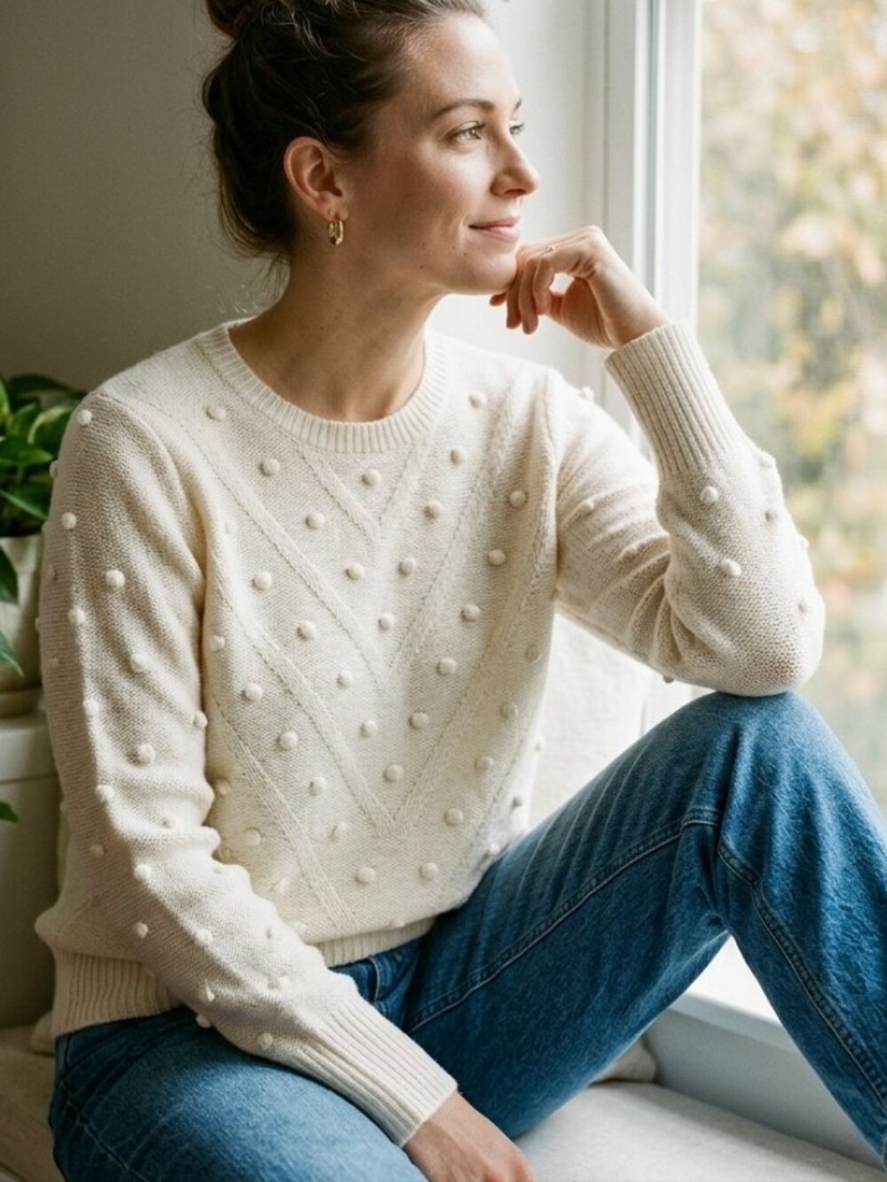 Cream Knit Bobble StitchLong Sleeve CrewneckCozy Sweater Large